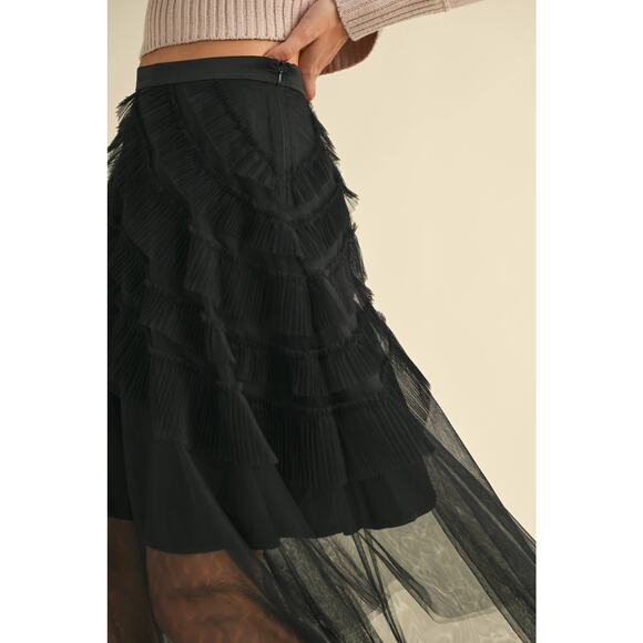 Frill Mesh Tulle Midi Skirt Black - Picture 3 of 7